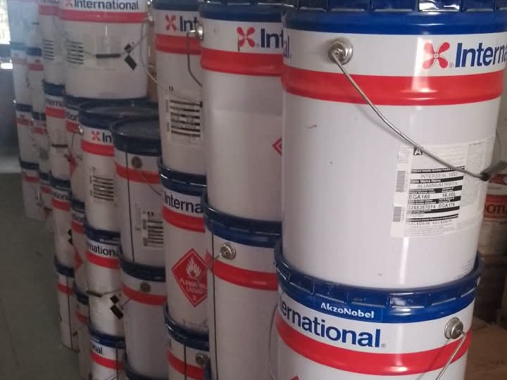 International Paint pails in stock at the Yunara office in Tanjung Uncang, Batam